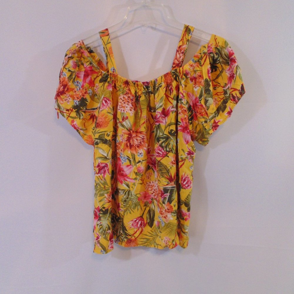 Bailey and Chloe cold shoulder yellow Floral Top Large
